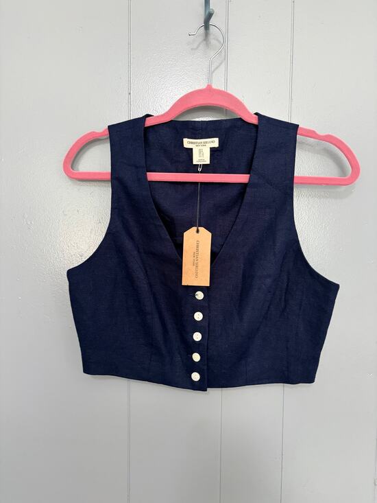 Christian Siriano Jackets & Blazers - NEW Christian Siriano Navy Linen Button Front V-neck Classic Cropped Vest 8